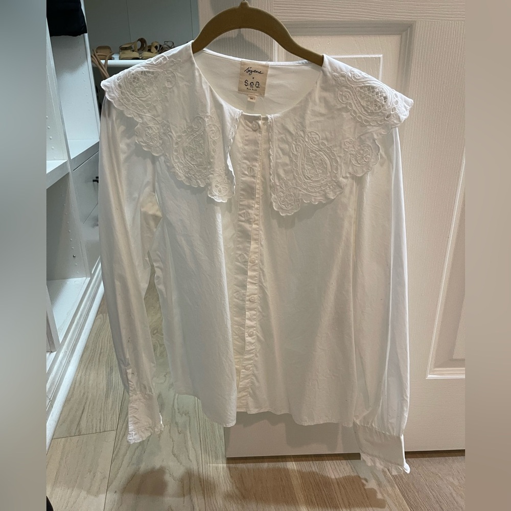 Sezane x Sea NY White Embroidered Blouse